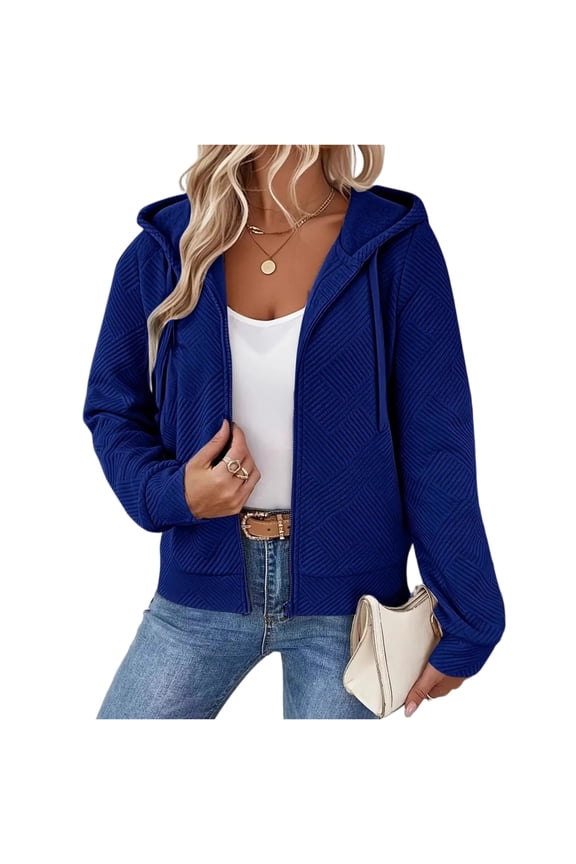 Trendy Hooded Zipper Textured Jacket Women Cozy Fall Casual Versatile Layered Outerwear Royal Blue 2XL