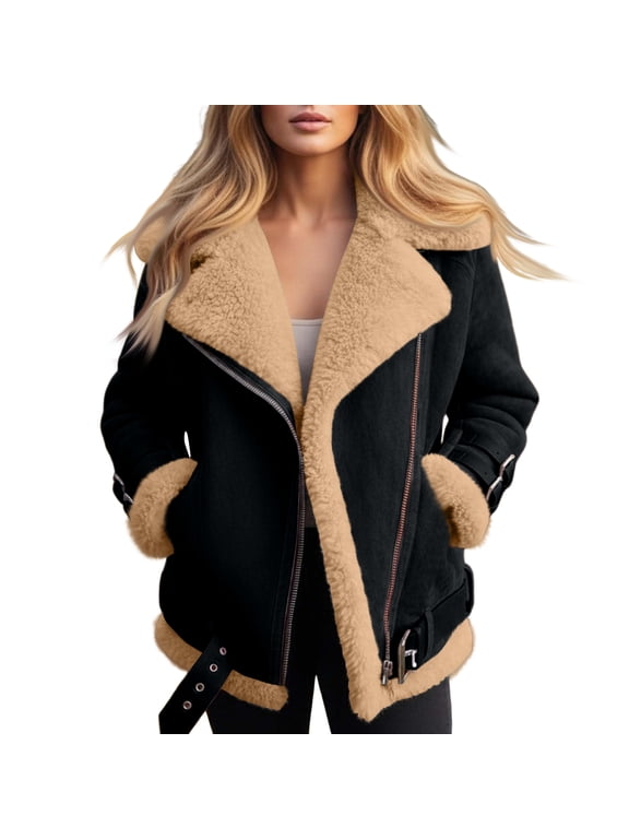 Trendy Shearling Lined Faux Suede Moto Jacket Women Cozy Winter Casual Oversized Outerwear Black L