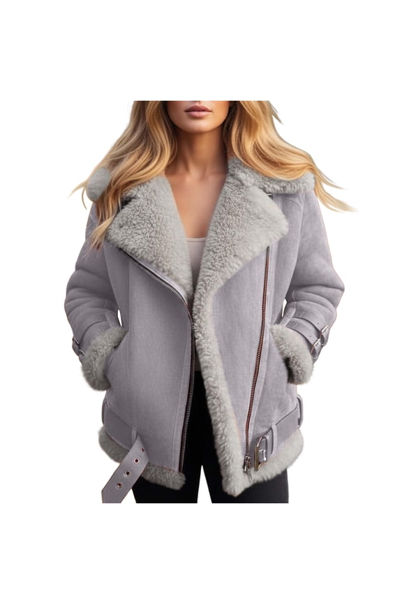 Trendy Shearling Lined Faux Suede Moto Jacket Women Cozy Winter Casual Oversized Outerwear Gray 2XL