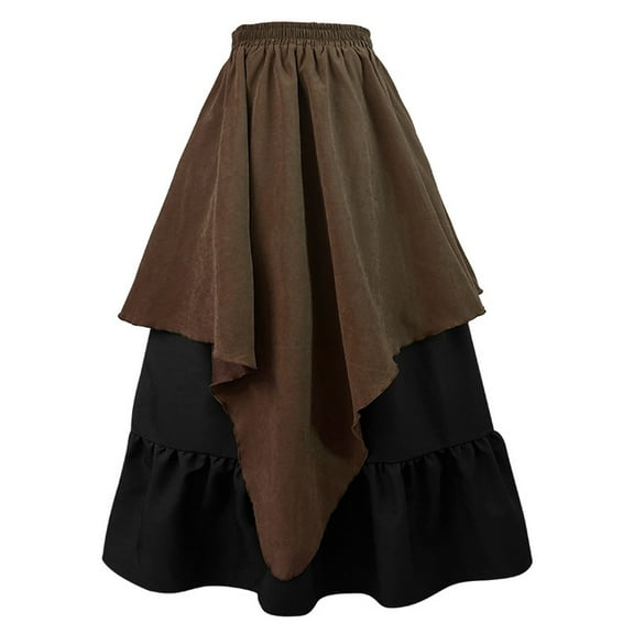 LWavelet Two-Tone Asymmetrical Flared Maxi Skirt Women Stylish Fall Casual Flowy Versatile Bottoms Brown M