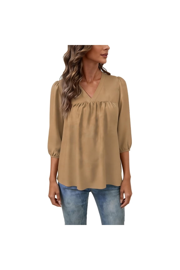 V-Neck 3/4 Puff Sleeve Blouse Womens Plus Size Loose Fit Comfortable Versatile Top Khaki L