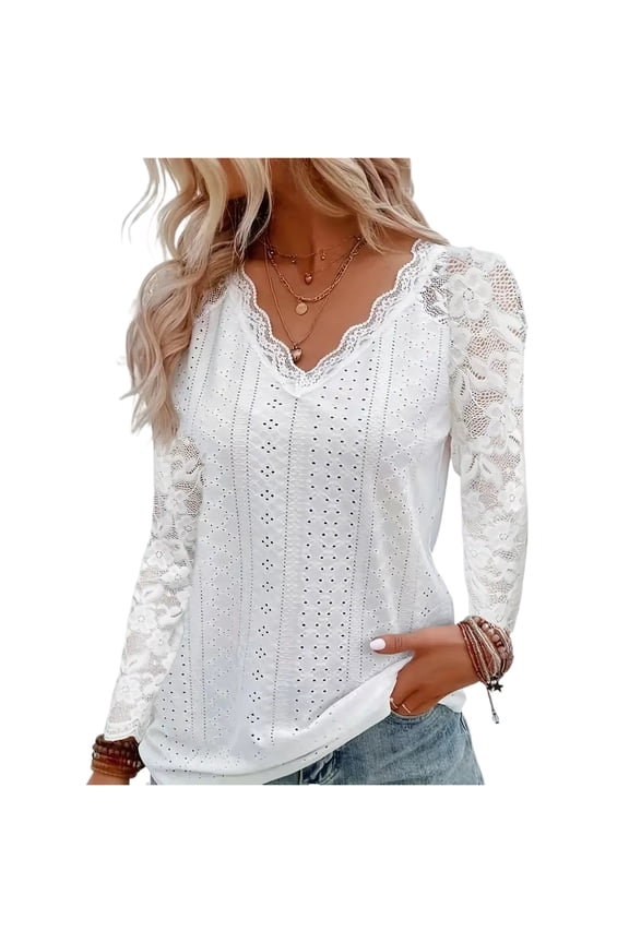 V-Neck Eyelet Lace 3/4 Sleeve Top Womens Plus Size Loose Fit Daily Casual Blouse White L