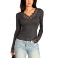 thumbnail image 1 of LWavelet V-Neck Lace Trim Blouse Womens Plus Size Fitted Soft Stretch Easy to Match Daily Top Brown S, 1 of 5