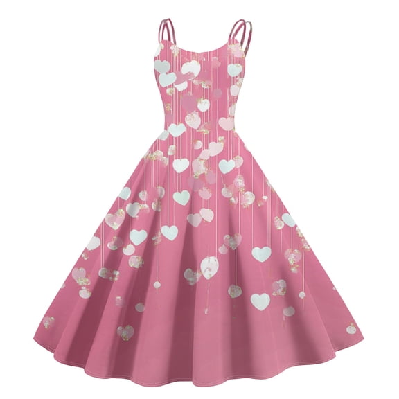 LWavelet Valentine's 2026 Satin Heart Dress Women, Romantic Rose Print Sleeveless A Line Flowy Party Sundresses Watermelon Red M