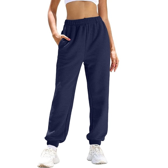 LWavelet Waffle Fabric Loose Lounge Pants Women Daily Casual Wear Navy S