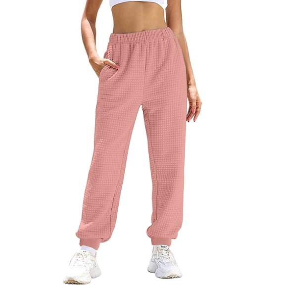 LWavelet Waffle Fabric Loose Lounge Pants Women Daily Casual Wear Pink M