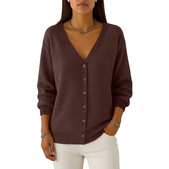 LWavelet Waffle-Knit V-Neck Cardigan Women Cozy Fall Casual Soft Loose Versatile Outerwear Brown M