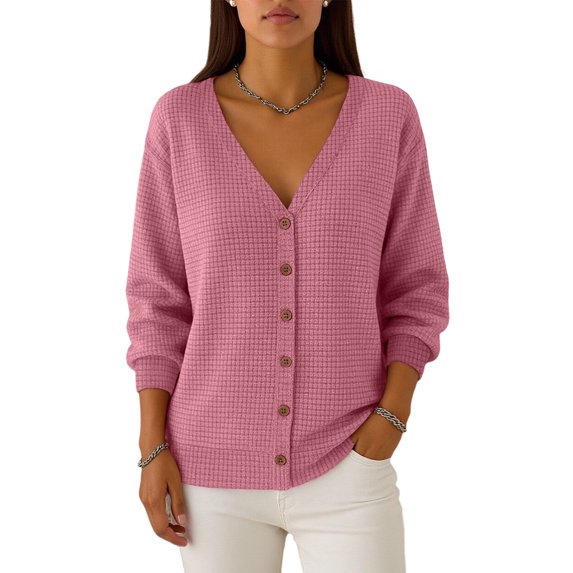 LWavelet Waffle-Knit V-Neck Cardigan Women Cozy Fall Casual Soft Loose Versatile Outerwear Pink L