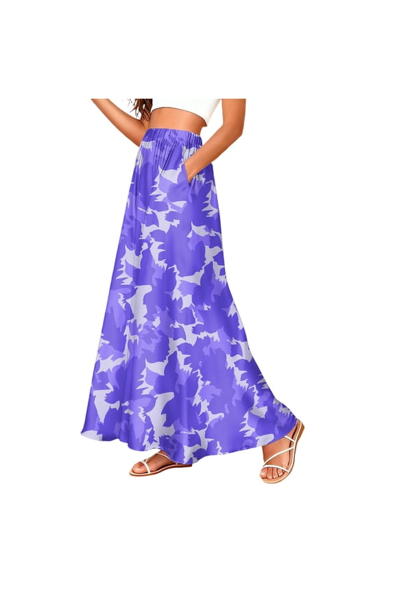 Women Abstract Camo Print Maxi Skirt Elastic Waist With Pockets Casual Long Skirt Purple 2XL