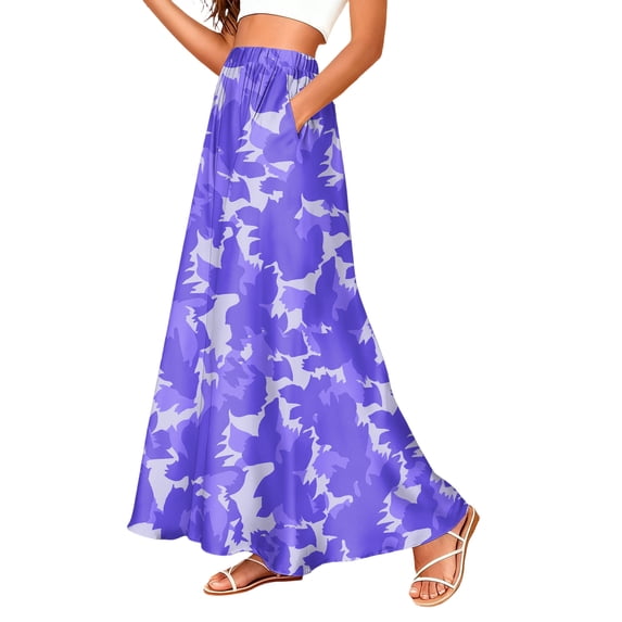 LWavelet Women Abstract Camo Print Maxi Skirt Elastic Waist With Pockets Casual Long Skirt Purple L