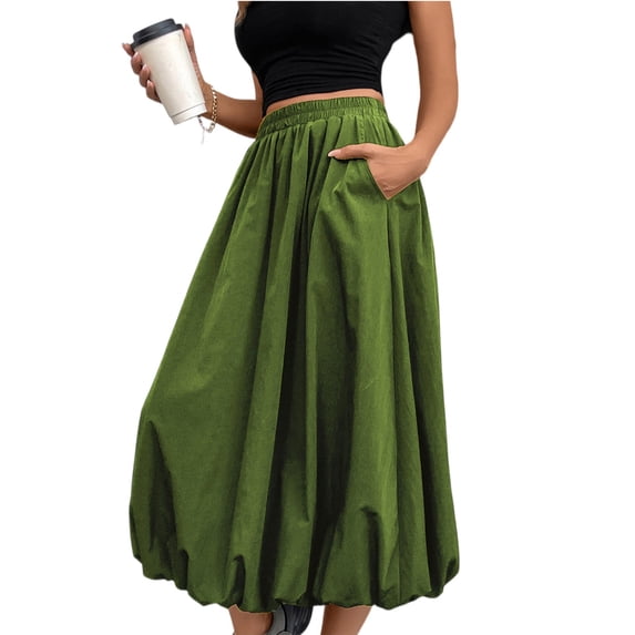 LWavelet Women Balloon Midi Skirt Elastic High Waist With Pockets Casual Summer A Line Skirt Army Green M