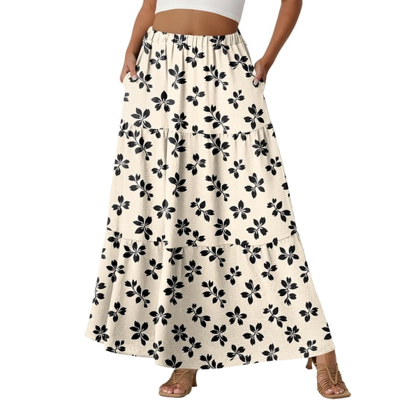 LWavelet Women Cherry Blossom Print Tiered Maxi Skirt Elastic Waist With Pockets Romantic Long Skirt Khaki XL