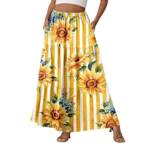 LWavelet Women Cherry Blossom Print Tiered Maxi Skirt Elastic Waist With Pockets Romantic Long Skirt Saffron S