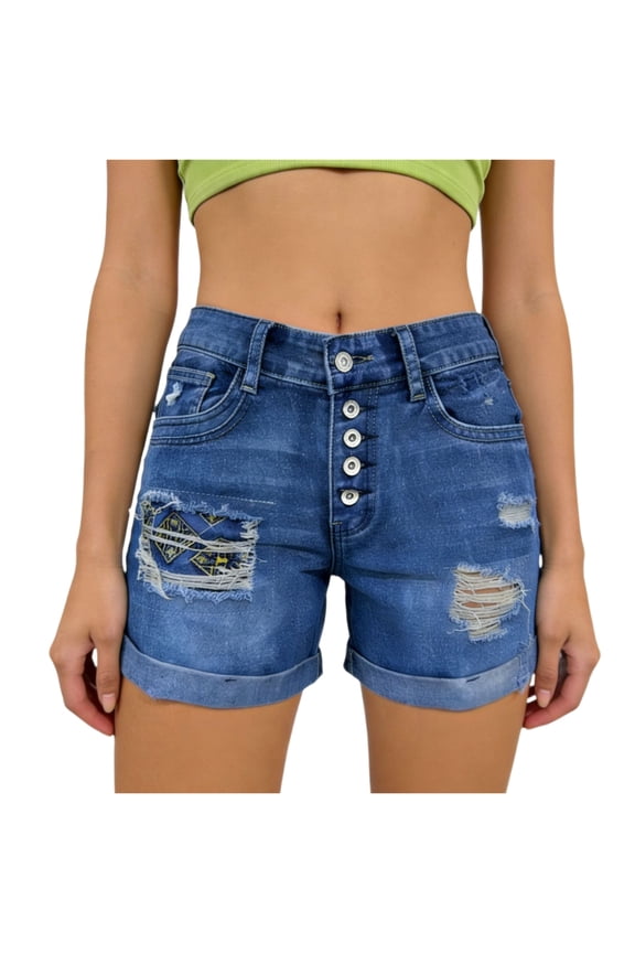Women Denim Shorts High Waisted Multi Button Cuffed Hem Patch Distressed Casual Summer Blue S