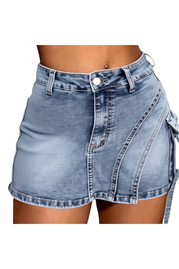 Women Denim Skort High Waisted Cargo Pocket Design Casual Summer Blue S