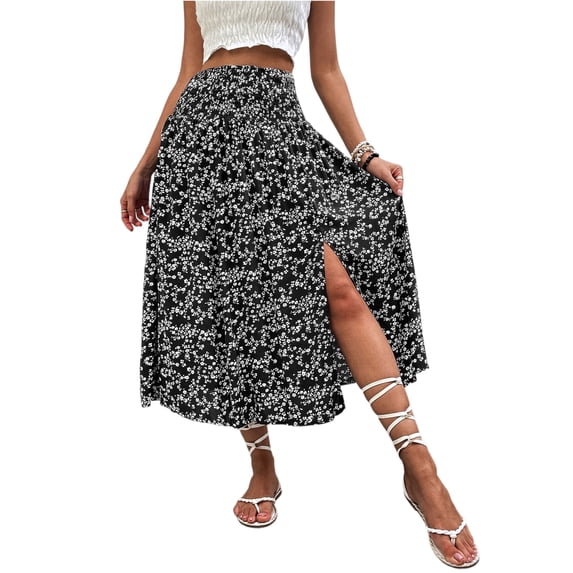 LWavelet Women Ditsy Floral Print Smocked Midi Skirt High Waist Side Split A Line Skirt Black M