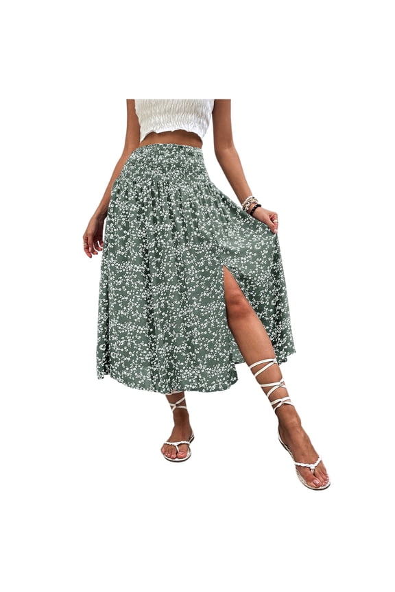 Women Ditsy Floral Print Smocked Midi Skirt High Waist Side Split A Line Skirt Green M