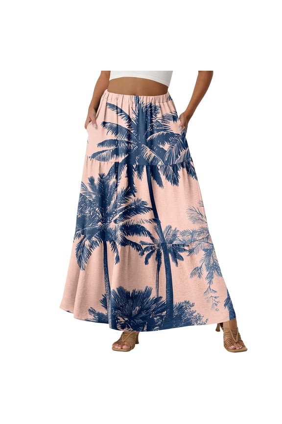 Women Ditsy Floral Print Tiered Maxi Skirt Elastic Waist With Pockets Casual Spring Long Skirt Pink 2XL