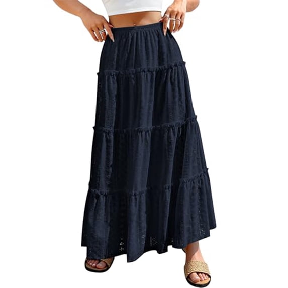 LWavelet Women Eyelet Embroidery Tiered Maxi Skirt Elastic High Waist Casual Summer Long Skirt Blue M