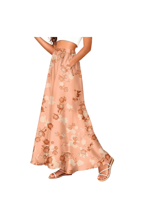 Women Floral Print Maxi Skirt Elastic Waist With Pockets Boho Summer Long Skirt Orange 2XL