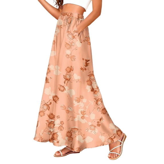 LWavelet Women Floral Print Maxi Skirt Elastic Waist With Pockets Boho Summer Long Skirt Orange M