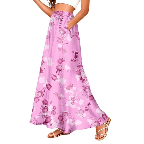 LWavelet Women Floral Print Maxi Skirt Elastic Waist With Pockets Boho Summer Long Skirt Purple Pink M