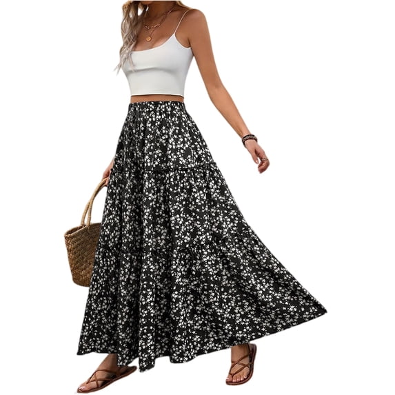 LWavelet Women Floral Print Tiered Maxi Skirt Elastic Drawstring Waist Boho Long Skirt Black XL