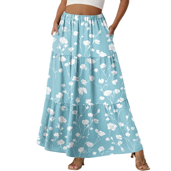 LWavelet Women Floral Print Tiered Maxi Skirt Elastic Waist With Pockets Boho Summer Long Skirt Cyan XL