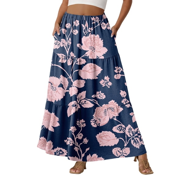 LWavelet Women Floral Print Tiered Maxi Skirt Elastic Waist With Pockets Boho Summer Long Skirt Navy S