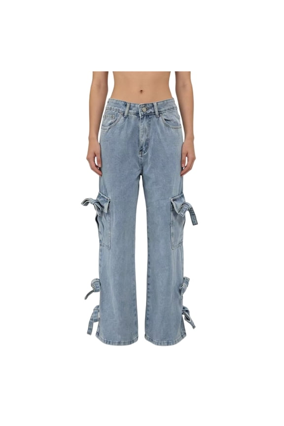 Women High Waisted Cargo Jeans Bow Tie Pocket Detail Light Wash Denim Pants Cute Streetwear Wide Leg Trousers Light Blue M