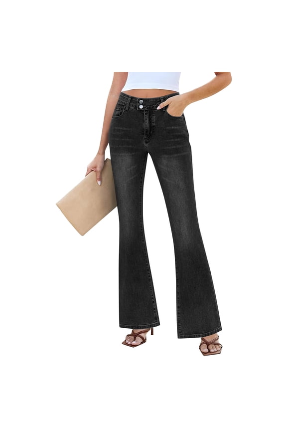 Women High Waisted Flare Jeans Double Button Washed Denim Pants Stretch Slim Fit Retro Bell Bottom Trousers Black M