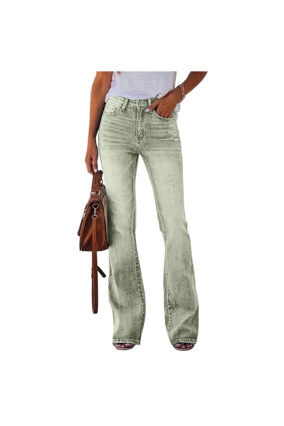 Women High Waisted Flare Jeans Khaki Washed Distressed Denim Pants Retro Bell Bottom Casual Denim Trousers Light Green S