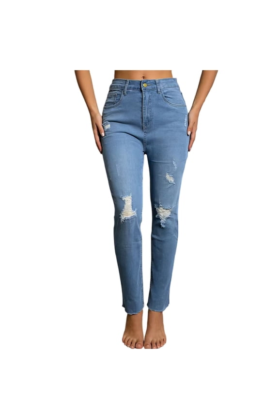Women High Waisted Skinny Jeans Distressed Ripped Frayed Hem Light Wash Denim Pants Stretch Butt Lifting Denim Jeggings Blue M