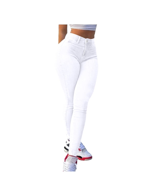 Women High Waisted Skinny Jeans White Denim Pants Stretch Butt Lifting Slim Fit Denim Jeggings White M