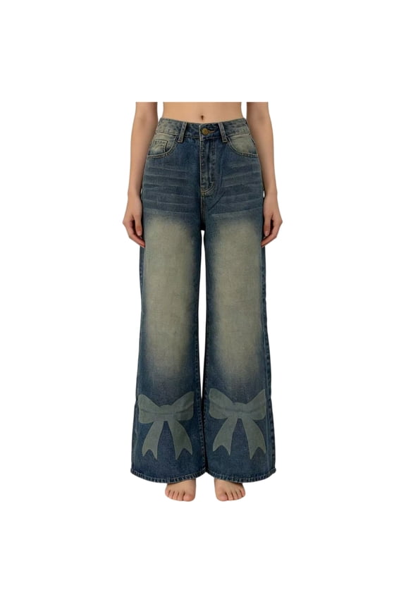 Women High Waisted Wide Leg Jeans Bow Print Vintage Washed Denim Pants Retro Sweet Style Wide Leg Denim Trousers Blue S