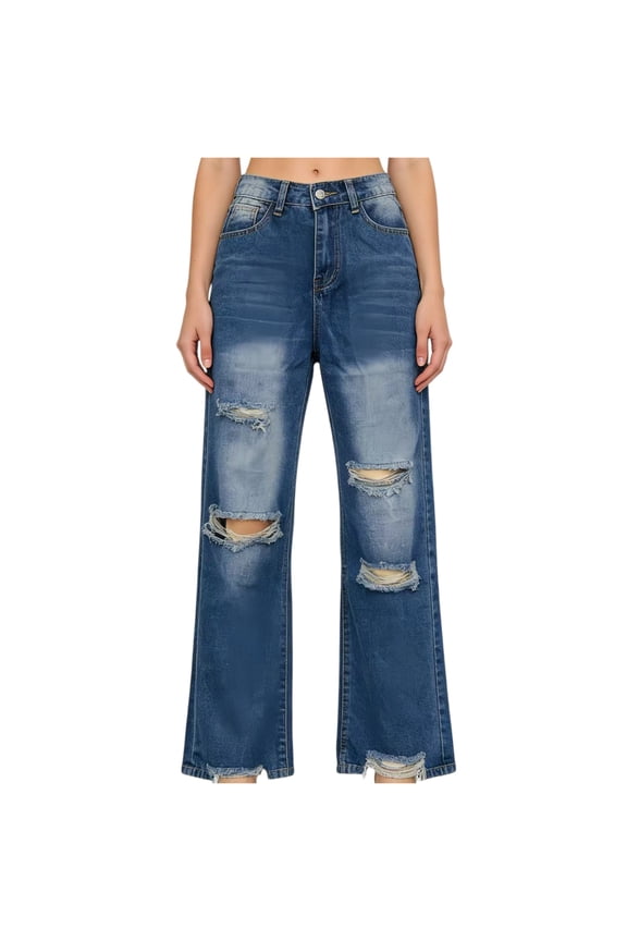 Women High Waisted Wide Leg Jeans Distressed Ripped Frayed Hem Denim Pants Casual Streetwear Baggy Ripped Jeans Blue S