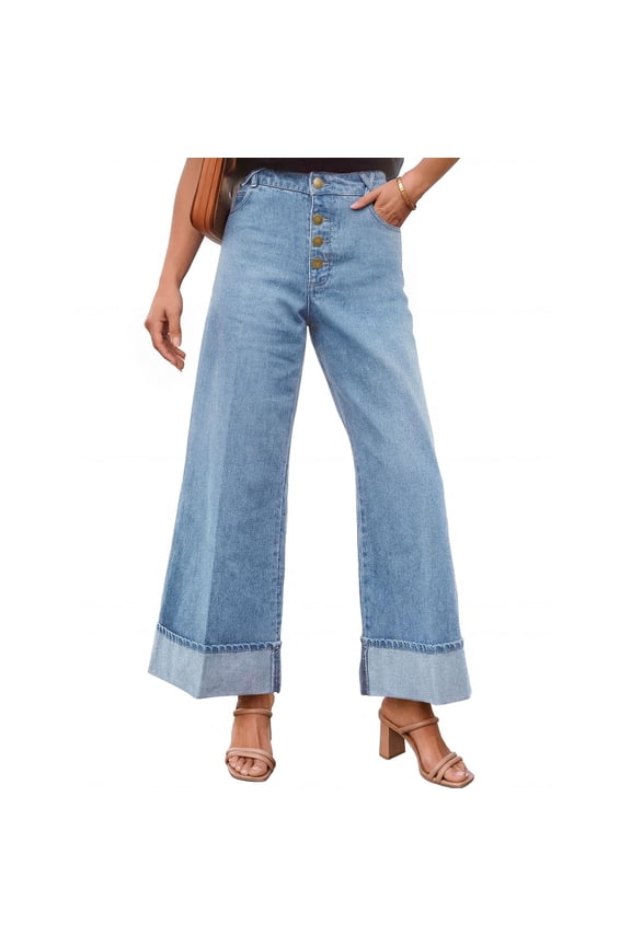 Women High Waisted Wide Leg Jeans Multi Button Cuffed Hem Light Wash Denim Pants Retro 70s Wide Leg Trousers Light Blue L