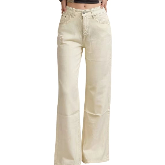 LWavelet Women High Waisted Wide Leg Jeans Off White Washed Minimalist Denim Pants Loose Fit Casual Daily Wear Jeans Beige S
