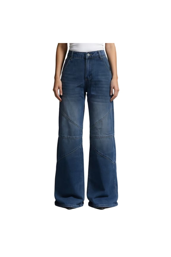 Women High Waisted Wide Leg Jeans Panel Seam Detail Vintage Washed Denim Pants Loose Fit Streetwear Trousers Blue M