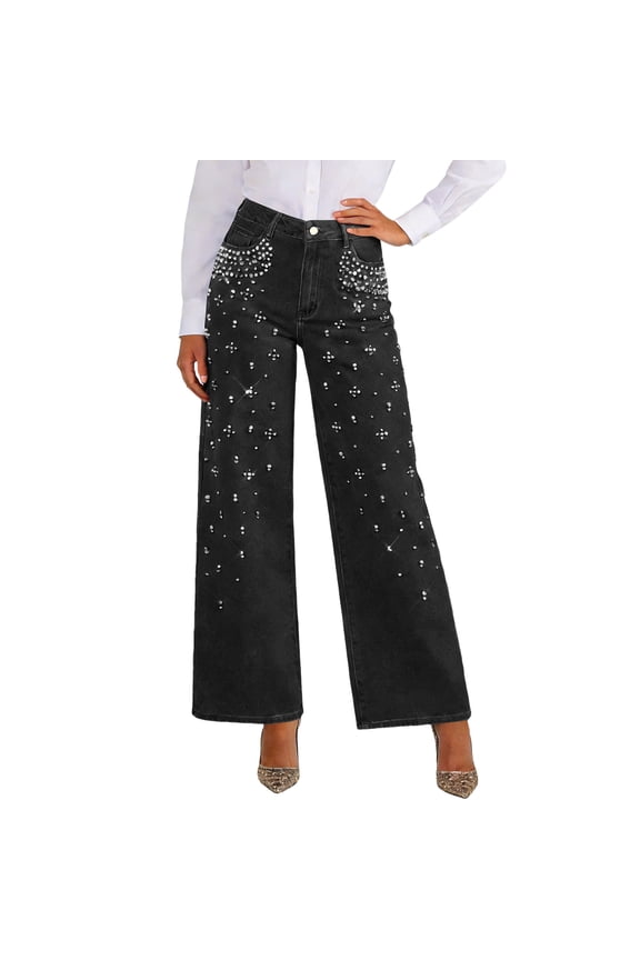 Women High Waisted Wide Leg Jeans Sparkle Rhinestone Embellished Denim Pants Glitter Party Wide Leg Trousers Black 2XL
