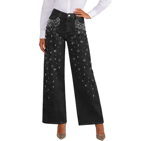 LWavelet Women High Waisted Wide Leg Jeans Sparkle Rhinestone Embellished Denim Pants Glitter Party Wide Leg Trousers Black 2XL