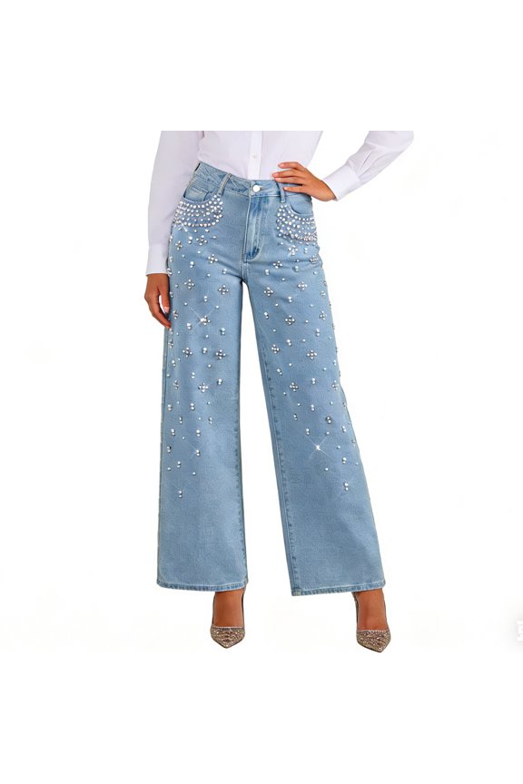 Women High Waisted Wide Leg Jeans Sparkle Rhinestone Embellished Denim Pants Glitter Party Wide Leg Trousers Light Blue 2XL