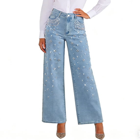 LWavelet Women High Waisted Wide Leg Jeans Sparkle Rhinestone Embellished Denim Pants Glitter Party Wide Leg Trousers Light Blue M