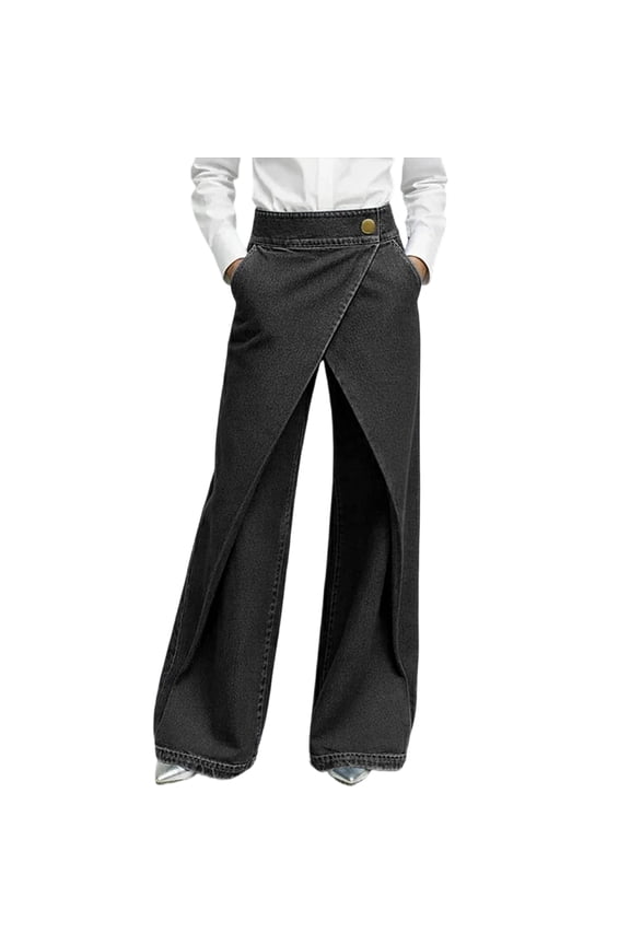 Women High Waisted Wrap Wide Leg Jeans Asymmetric Design Denim Pants High Waisted Overlap Wide Leg Fashion Trousers Black L