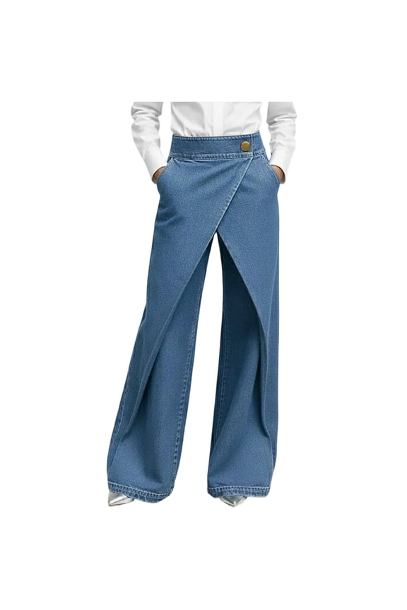 Women High Waisted Wrap Wide Leg Jeans Asymmetric Design Denim Pants High Waisted Overlap Wide Leg Fashion Trousers Blue 2XL