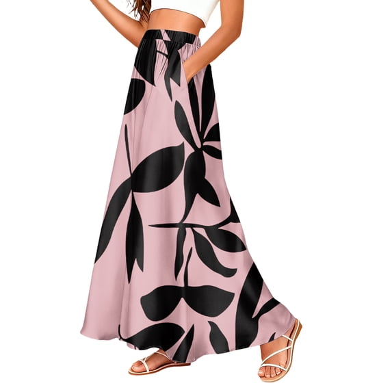 LWavelet Women Leaf Print Tiered Maxi Skirt Elastic Waist With Pockets Boho Long Skirt Light pink M
