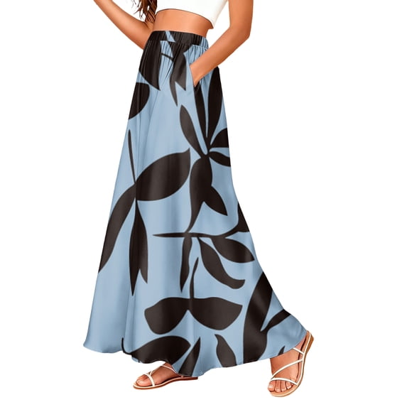 LWavelet Women Leaf Print Tiered Maxi Skirt Elastic Waist With Pockets Boho Long Skirt Sky Blue XL