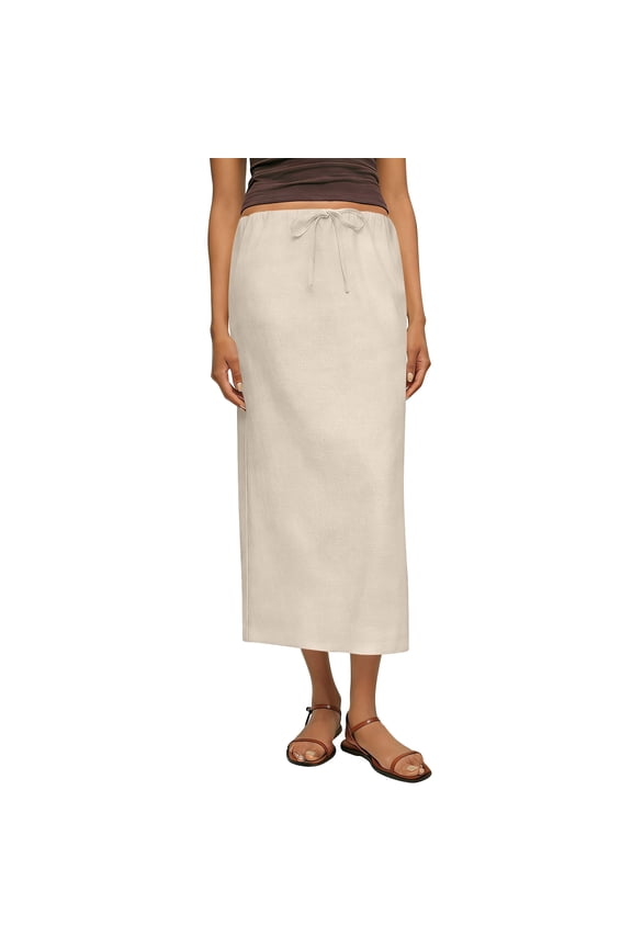 Women Linen Blend Midi Skirt Elastic Drawstring Waist Side Split Casual Summer Skirt Beige 2XL