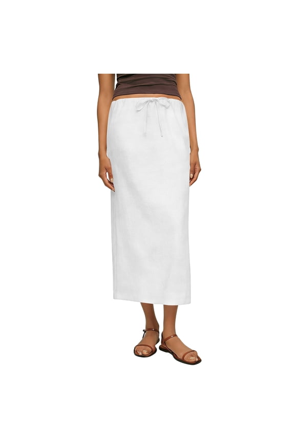 Women Linen Blend Midi Skirt Elastic Drawstring Waist Side Split Casual Summer Skirt White 2XL
