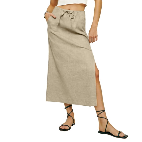 LWavelet Women Linen Blend Midi Skirt Elastic Drawstring Waist With Pockets Side Split Casual Summer Skirt Gray S